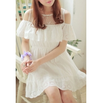 Eyelet Stretch Falbala Off Shoulder White Lace Dress 