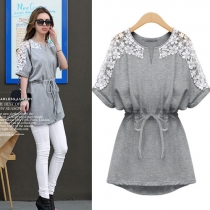 Batwing Sleeve Drawstring Belt Lace Crewneck Blouse Mini Dress 