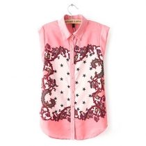 Pink Tank Top Star Print Stylish Button Down Shirt