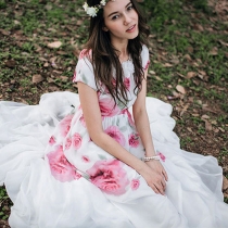 Bold Rose Print 3D Flower Short Sleeve Maxi Dress 