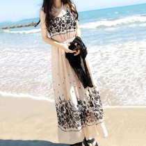 Floral Print High Waisted Beach Maxi Tank Dress Sundress 