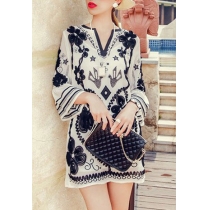 Celebrity Floral Embroidery Trumpet Sleeve Sheer Shift Dress 