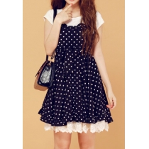 Polka Dot Bowknot Lace Beaded High Waisted Flare Dress