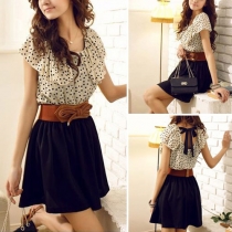 Fashion Contrast Color Dots Flouncing Gathered Waist Chiffon Dress
