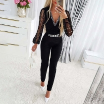 Mode- Enfärgad V-ringad Långärmad Kedja Jumpsuit