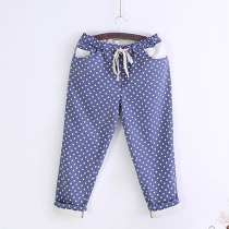 Sweet Polka Dots Lace Stretchy Drawstring Belt Cropped Pants  