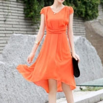 Short Sleeve Dip Hem Bodycon Draped Knee High Chiffon Dress
