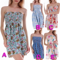 Sexy Ruffled Off-the-shoulder Pleated Sheath Bodice Floral Print Dress