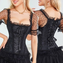 Vintage kortärmad spetsskarvad korsettskjorta med snörning （Storlek Run Small）