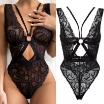 Sexig metallring i kors och tvärs med spets - Bodysuit Underkläder