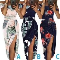 Sexy Off-shoulder Boat Neck Slit Hem Slim Fit Printed Dress