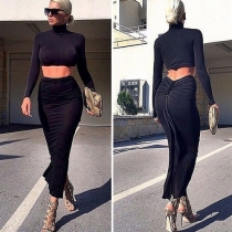 Sexy Solid Color Turtleneck Tops + Skirt Two-piece Set