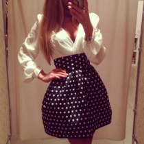 Sexy Deep V-neck Dots Pattern Long Sleeve High Waist Dress