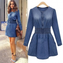 Fashion Round Neck Long Sleeve High Waist Denim Dress