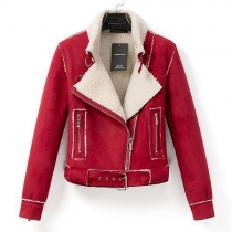 Fashion Solid Color Faux Suede Long Sleeve Motorcycle Jacket Coat
