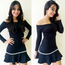 Sexy Slash Neck Long Sleeve Flouncing Hem Dress