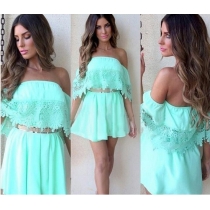 Sexy Strapless Lace Spliced Trumpet Sleeve Dress