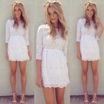 Fashion Half Sleeve Round Neck Gathered Waist Dress