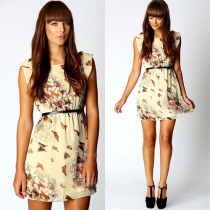 Sweet Butterfly Print Round Neck Gathered Waist Chiffon Dress