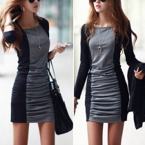 Fashion Contrast Color Long Sleeve Round Neck Slim Fit Dress