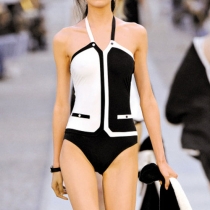 Sexy Spliced Contrast Color Halter One Piece Bikini Swimwear