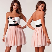 Sexy Strapless Contrast Color Three-dimensional Flowers Party Dress