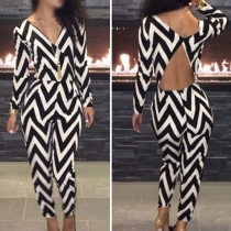 Sexy Backless Zebra Pattern V-Neck Long-sleeved Jumpsuit