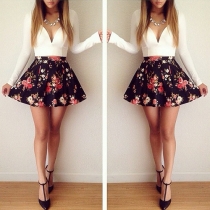 Sexy Deep V-neck Floral Print Long Sleeve Dress