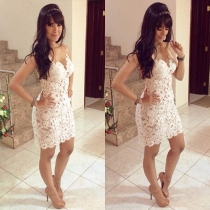 Sexy Backless Gauze Spliced Hollow Out Crochet Lace Dress