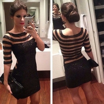 Sexy See-through Gauze Spliced Stripes Sequins Bodycon Dress