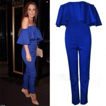 Sexy Off-shoulder Backless Flouncing Solid Color Jumpsuit