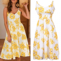 Sexy Backless V-neck High Waist Printed Sling Dress