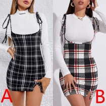 Fashion Slit Hem Slim Fit Sling Plaid Dress