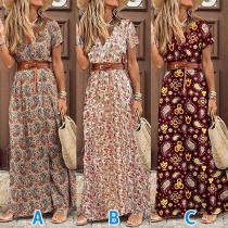 Bohemian Style Short Sleeve V-neck High Waist Printed Maxi Dress