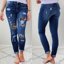 Chic Style Leopard Printed Spliced High Waist Ripped Skinny Jeans