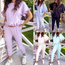 Casual Style Stringy Selvedge Short Sleeve Top + Pants Two-piece Set