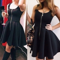 Fashion Solid Color Sleeveless Round Neck High Waist Black Dress