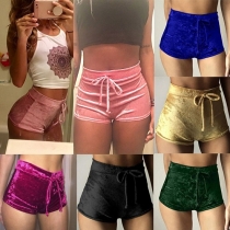 Fahion Casual Solid Color Bandage High Waist Shorts