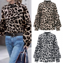 Fashion Lantern Sleeve POLO Collar Leopard Printed Shirt
