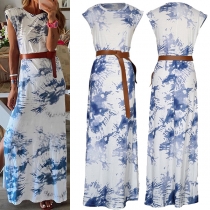 Fashion Sleeveless Round Neck Slit Hem Printed Summer Dress