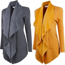 Fashion Solid Color 2-side Zipper Pockets Lapel Long Sleeve Cardigan