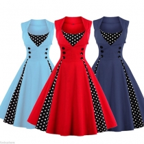Fashion Dots Spliced Sleeveless High Waist Double-breasted Dress