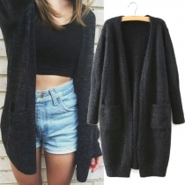 Fashion Solid Color Long Sleeve 2-Side Pockets Cardigan Sweater