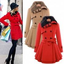 Elegant Solid Color Long Sleeve Double-breasted Slim Fit Woolen Coat