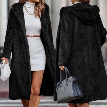 Street Fashion Solid Color Long Sleeve Longline Plush Cardigan