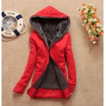 British Style Leisure Pure Color Warm Fleece Lined Hood Coat