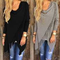 Fashion Solid Color Long Sleeve Irregular Tassel Hem Tops