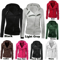Fashion Solid Color Long Sleeve Oblique Zipper Hooded Coat