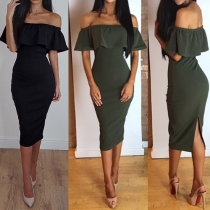 Fashion Sexy Solid Color Off Shoulder Ruffle Collar Slit Hem Backless Dress 