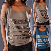 Trendy Sequin Striped Round Neck Cold Shoulder Short Sleeve T-shirt